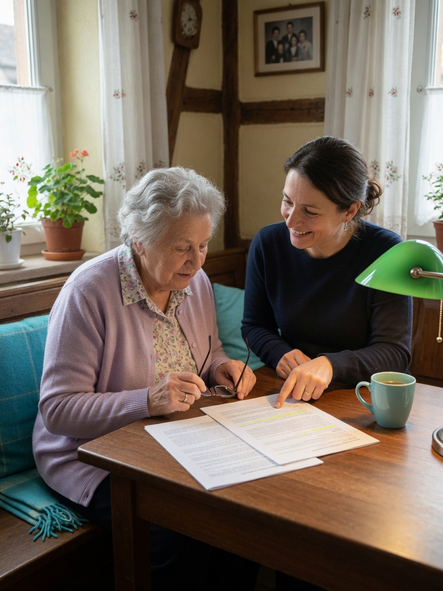 Une auxiliaire de vie adapte l’éclairage et les contrastes pour faciliter la lecture du courrier au quotidien.